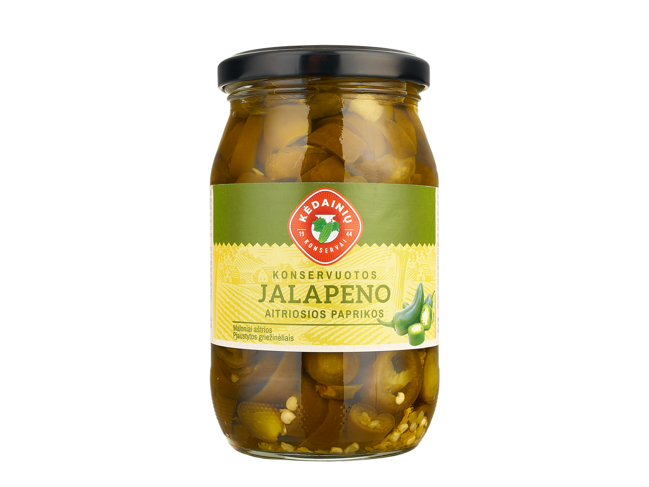 Kėdainių Konservai konservuoti jalapeño aitriosios paprikos stiklainiuke.