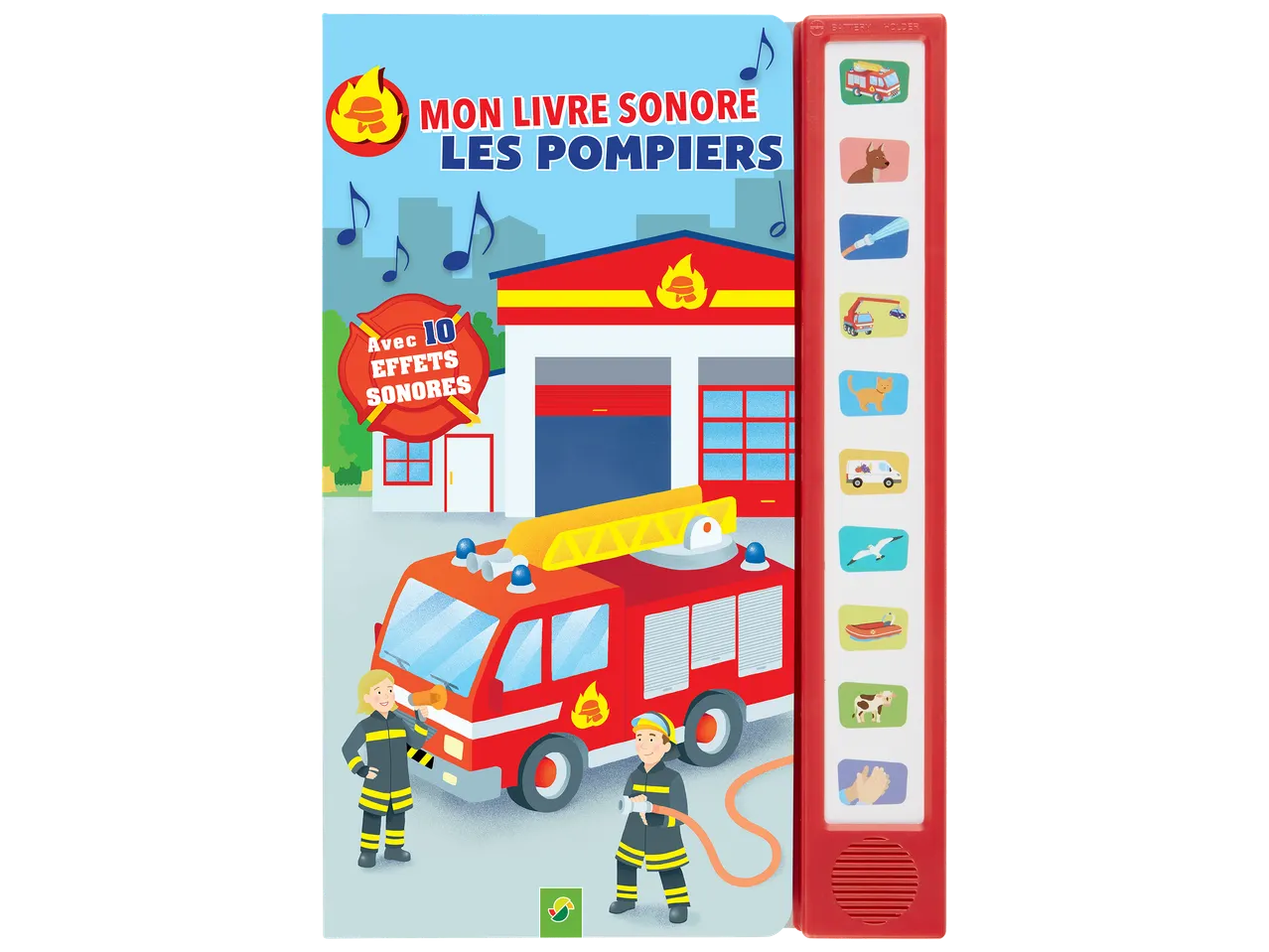 Livre sonore pour enfants sur les pompiers avec 10 effets sonores et des illustrations vives.