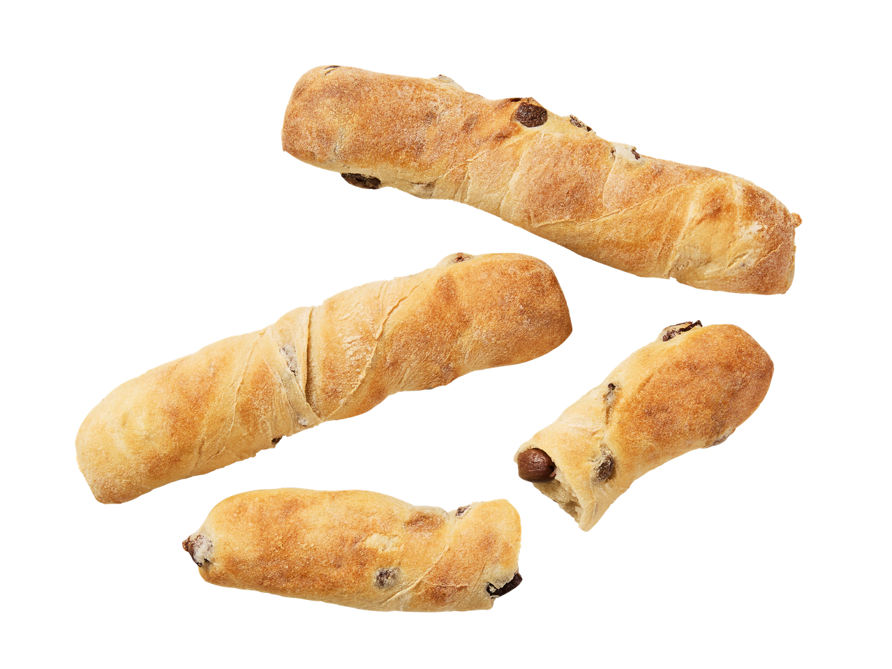 Neljä suklaapalaa sisältävää patonkia mustalla taustalla.