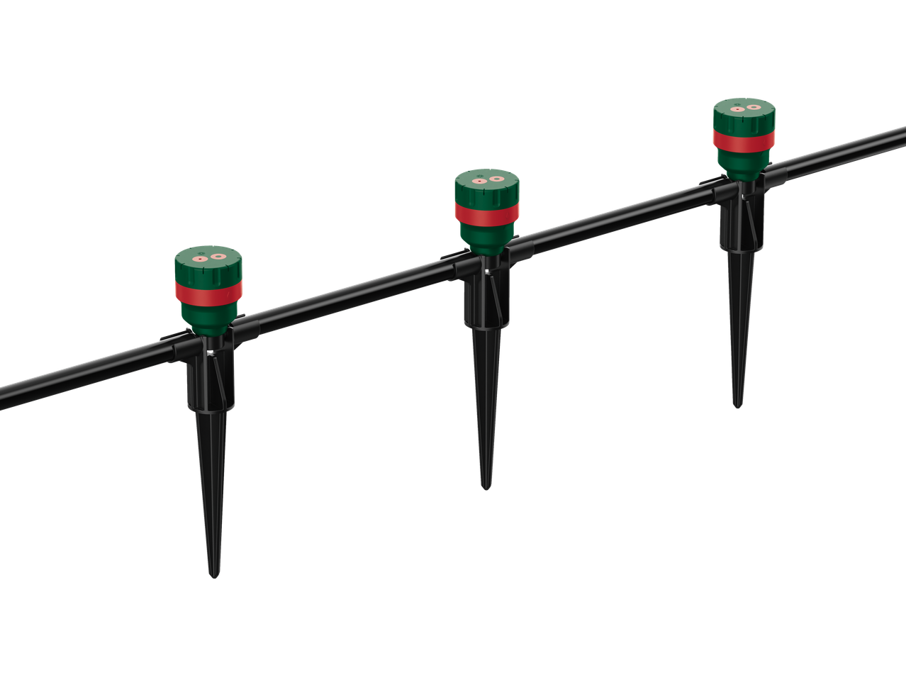 PARKSIDE purkštuvų rinkinys su žarna, trys žaliai-raudoni purkštuvai ant juodos žarnos