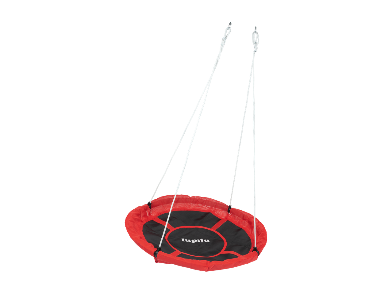 Rdeča in črna gugalnica v obliki gnezda z belimi vrvmi in kovinskimi obroči.