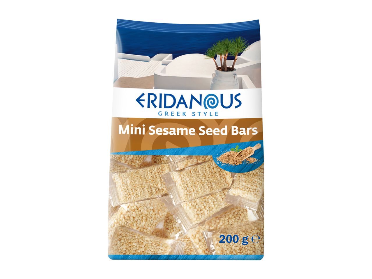 Mini sesame seed bars in individual packets, with a Greek-style background and a scoop of sesame seeds.