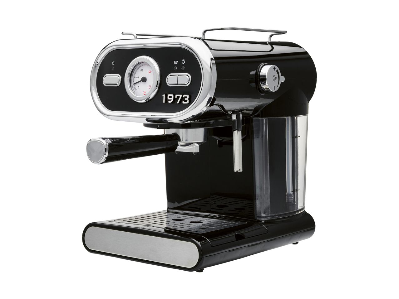 Black and chrome espresso machine with a temperature gauge and controls.