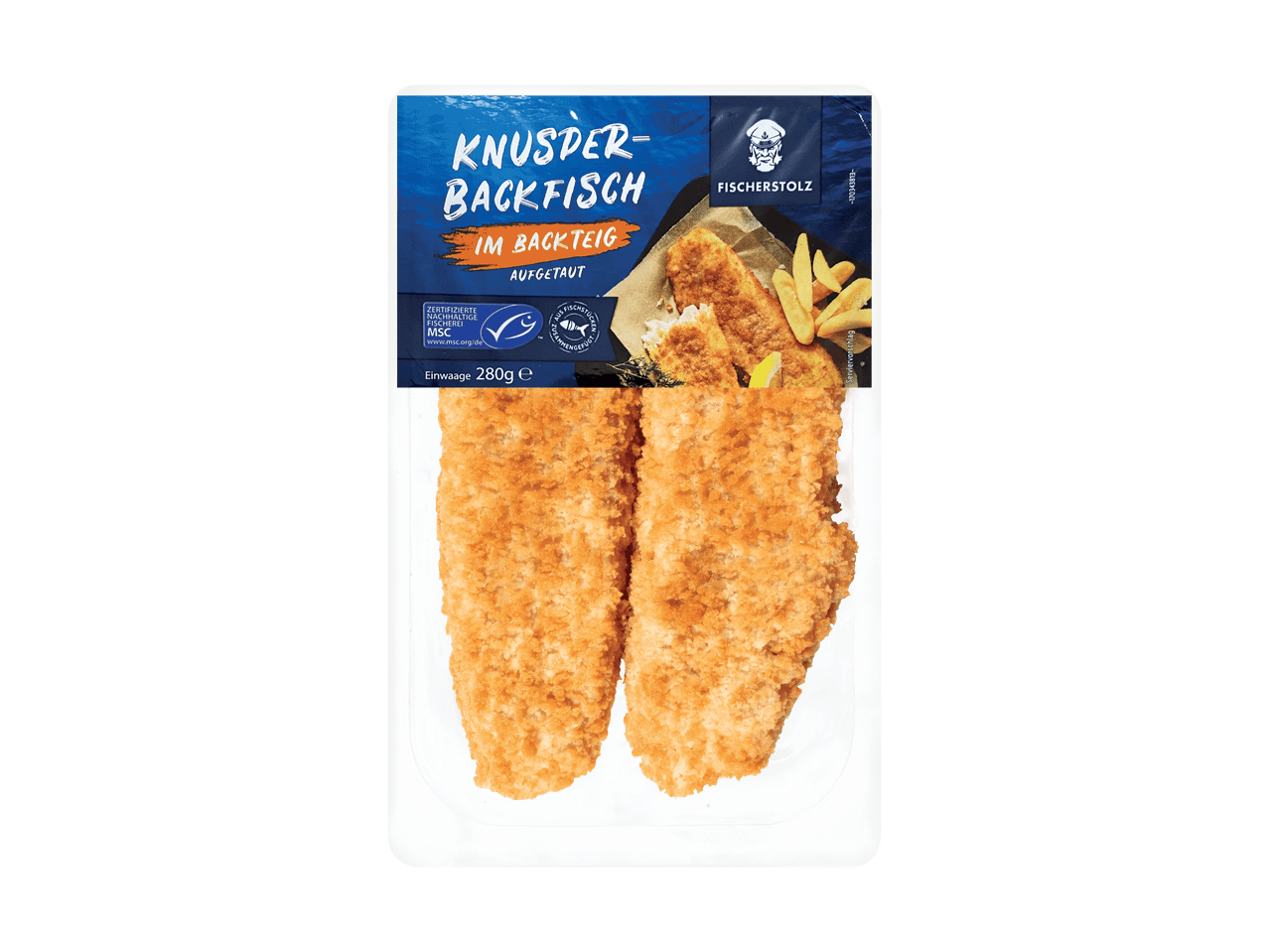 Verpackung von Fischerstolz Knusper-Backfisch im Backteig.