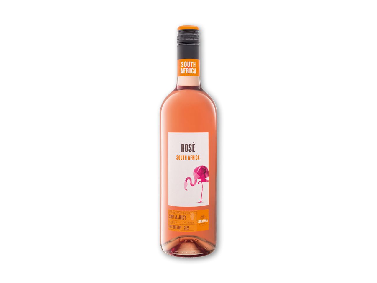 En flaske rosévin fra Sydafrika med en etiket, der viser en lyserød flamingo og teksten 'SOFT & JUICY'.