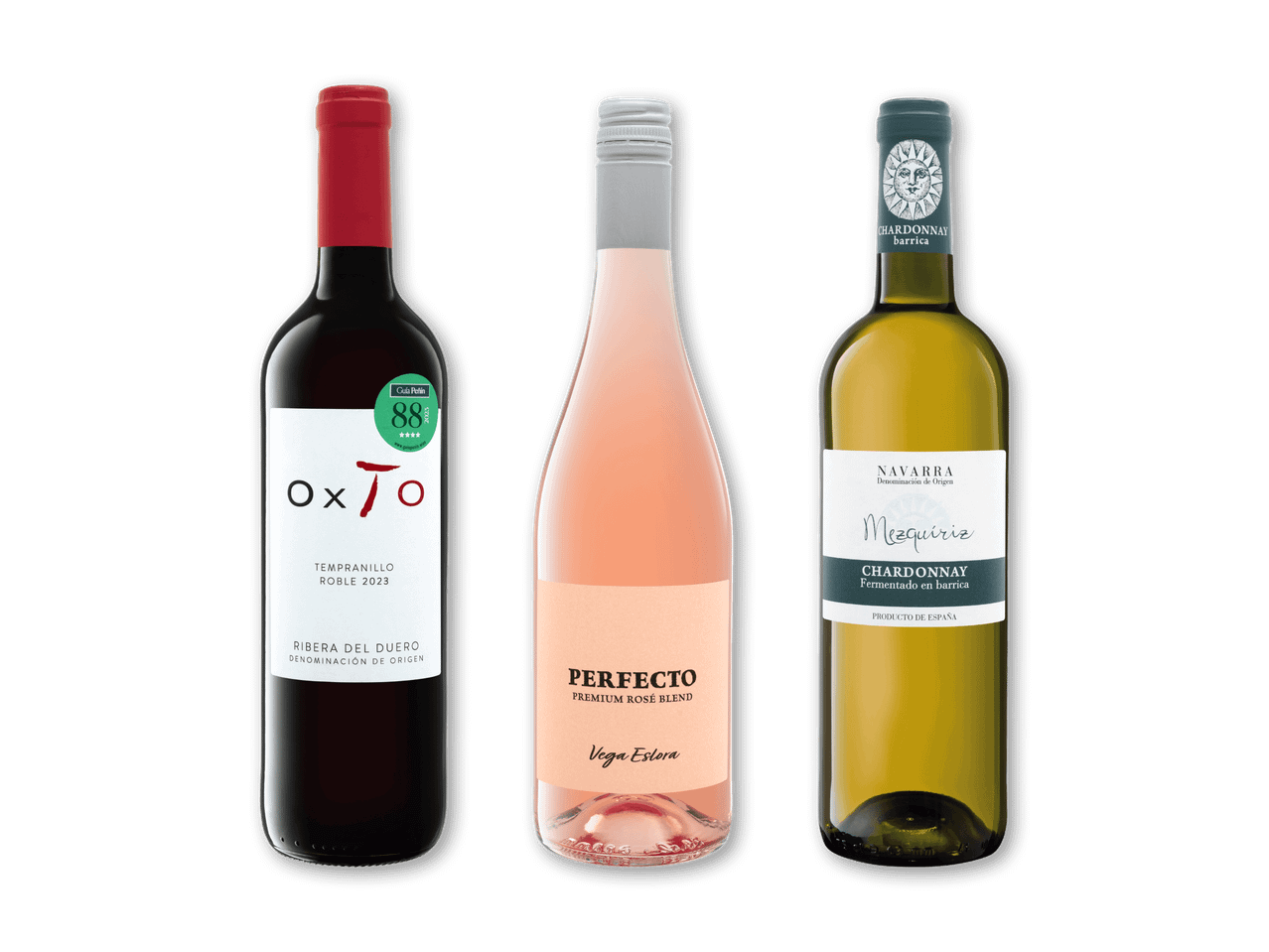 Tre flasker vin: en rødvin, en rosévin og en hvidvin, der fremhæver forskellige druesorter og oprindelser.