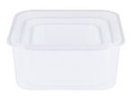 Stackable white plastic food storage containers.