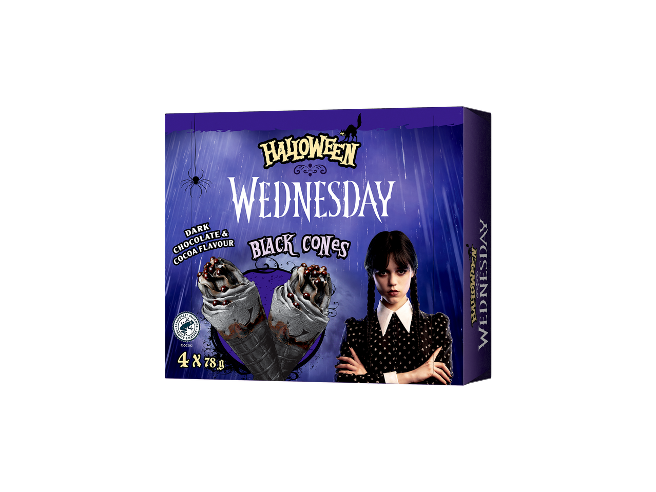 Halloween Wednesday dark chocolate & cocoa ice cream in black cones, 4-pack.
