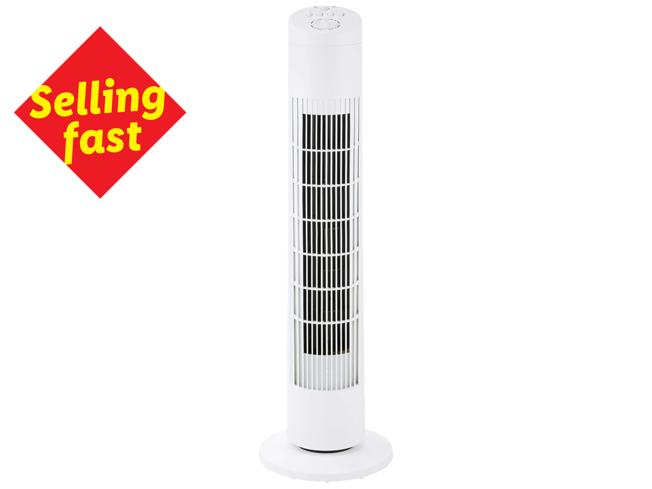 White tower fan with a red 'Selling fast' label