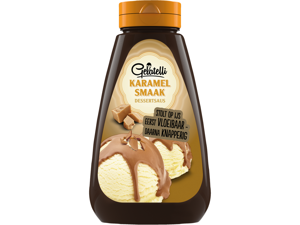 Gelatelli karamelsaus over vanille-ijs.