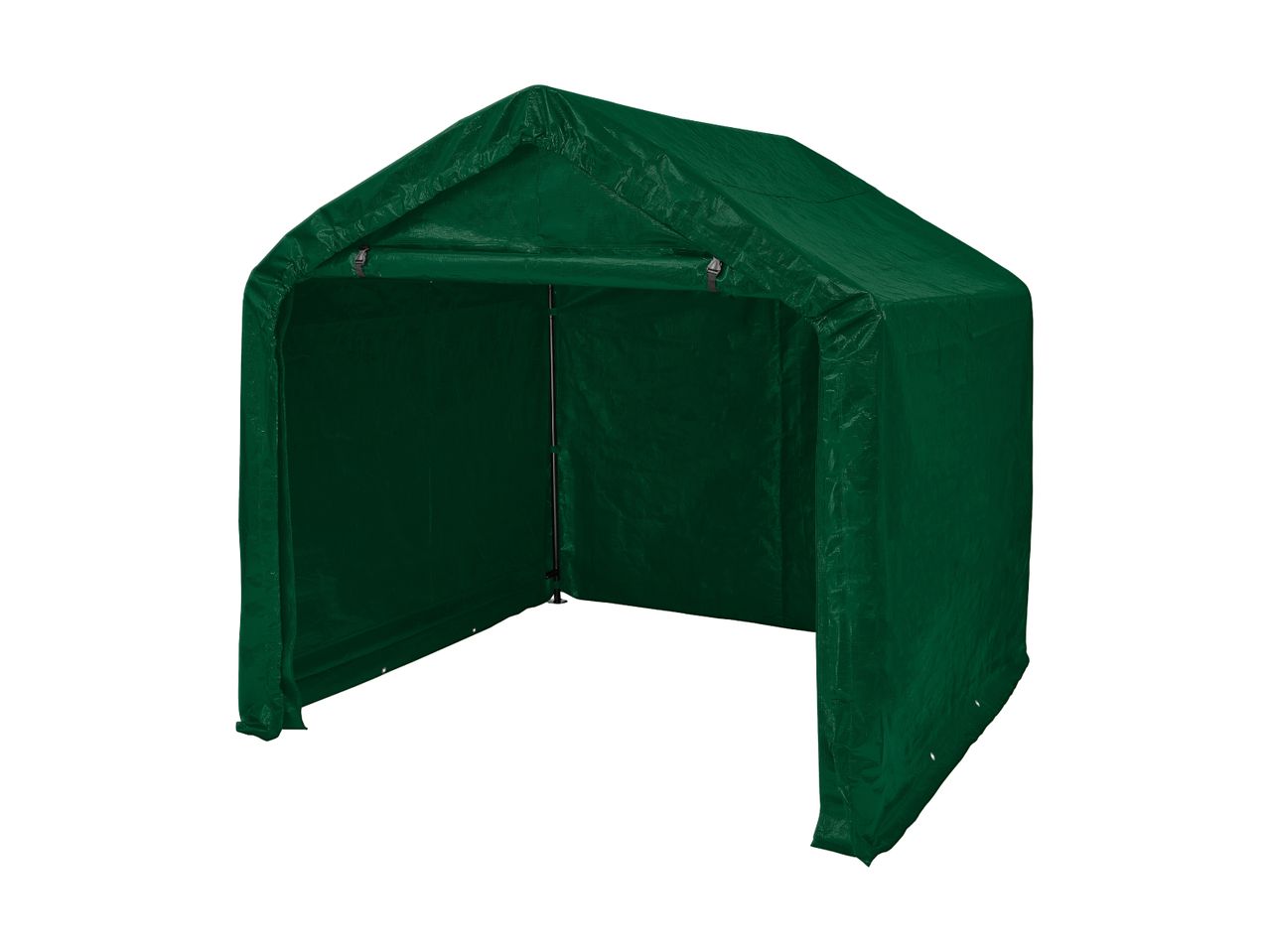 Green portable storage shed with a peaked roof and open front