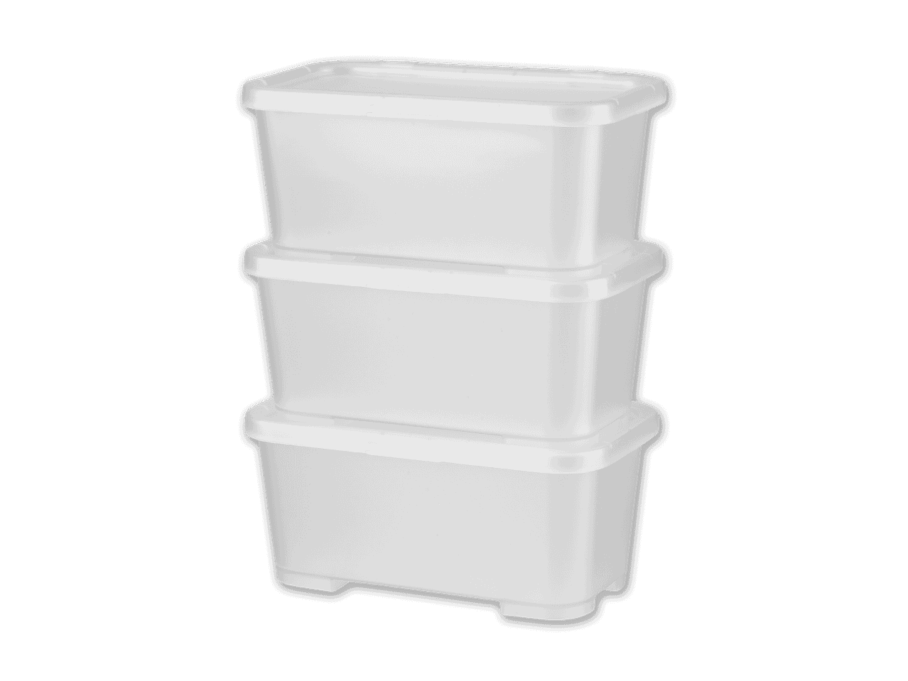 Drei gestapelte, durchsichtige Frischhaltedosen mit weißen Deckeln auf schwarzem Hintergrund.