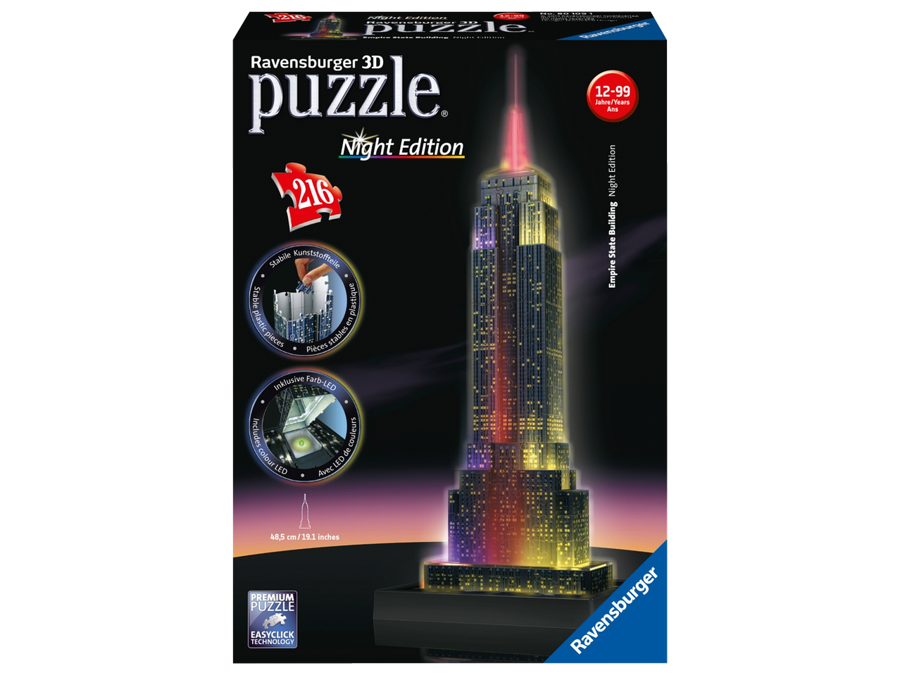 Ravensburger 3D dėlionė Empire State Building Night Edition su 216 detalių ir LED.