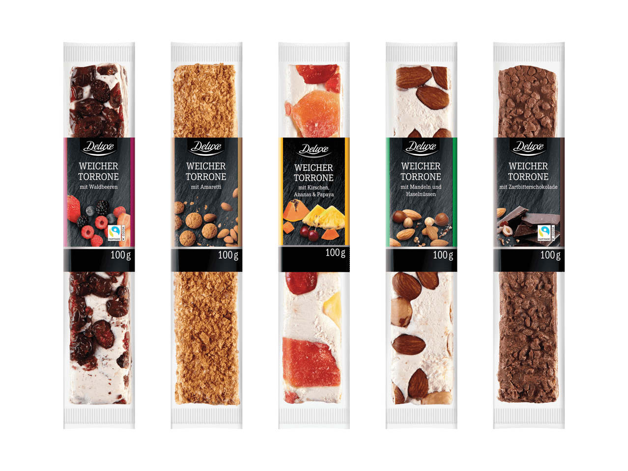 Fünf Packungen Deluxe Weicher Torrone in verschiedenen Geschmacksrichtungen: Waldbeere, Amaretti, Kirsche, Ananas & Papaya, Mandeln & Haselnüsse und Zartbitterschokolade.