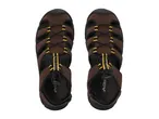 Pair of brown and black men's outdoor sandals with yellow accents and bungee laces.