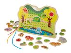 Wooden lacing board with jungle animals and nature elements, with three colorful laces.