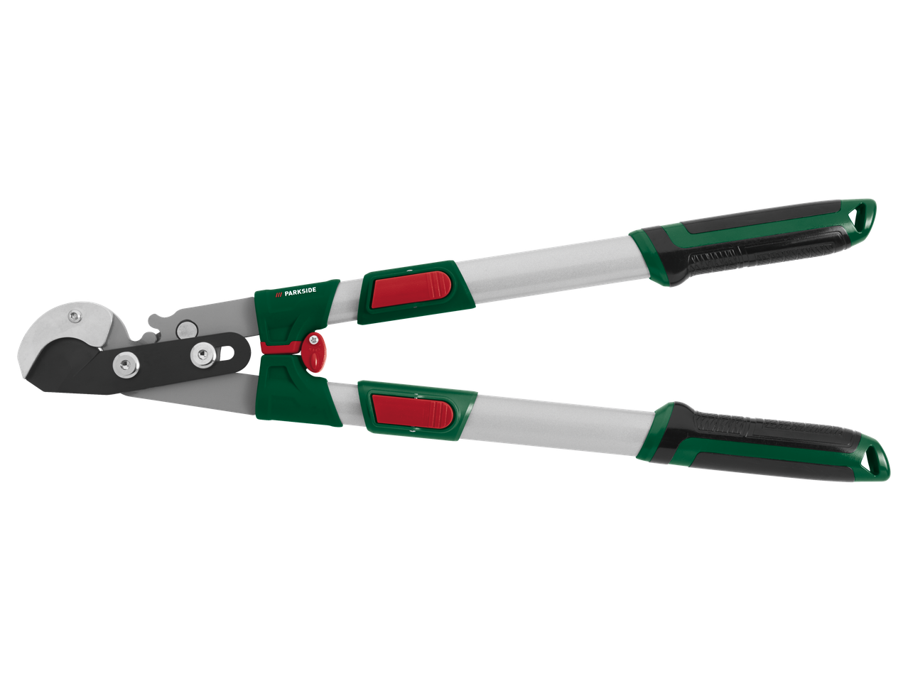 Zaru šķēres ar teleskopiskiem rokturiem, zaļi-sudraba ar sarkaniem akcentiem.