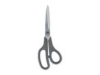 A pair of grey-handled scissors with silver blades, standing upright.