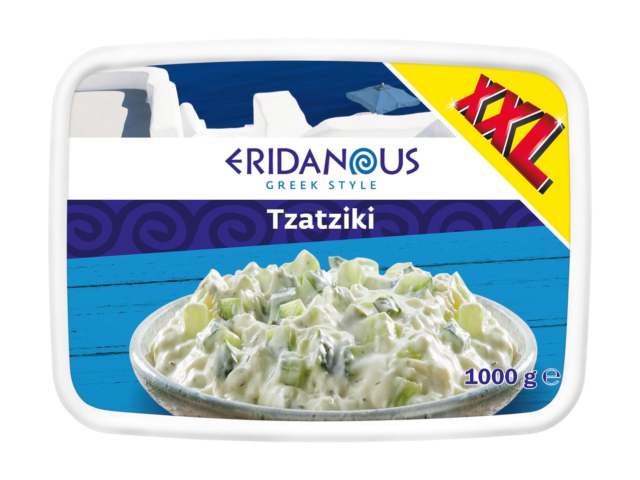 Eridanous görög stílusú tzatziki, 1000g-os XXL kiszerelésben, kék háttérrel.