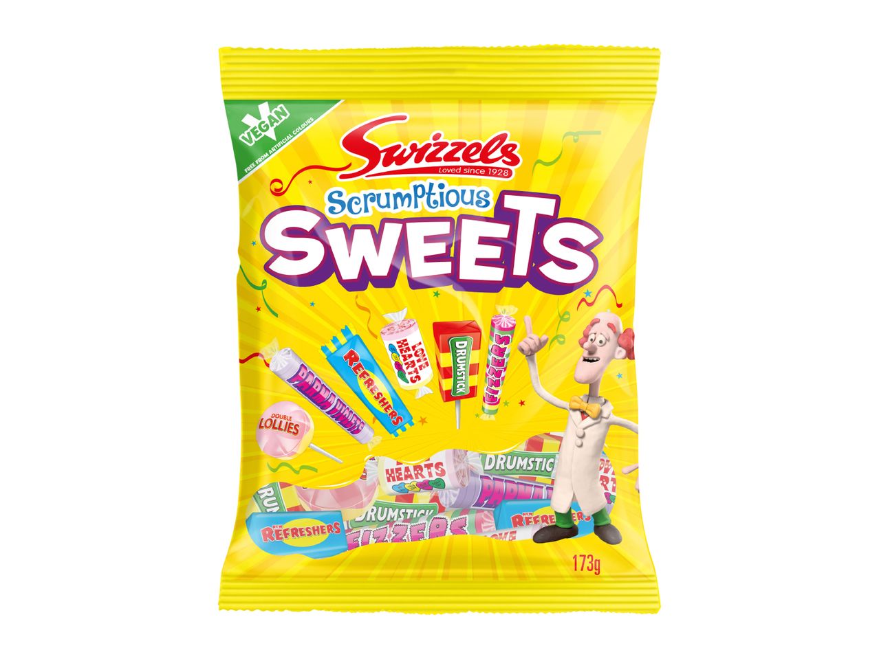 A yellow bag of assorted vegan sweets, featuring lollipops, chews, and fizzy rolls, 173g.
