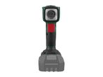 Cordless work light with a green and black body, red button, and grey battery pack