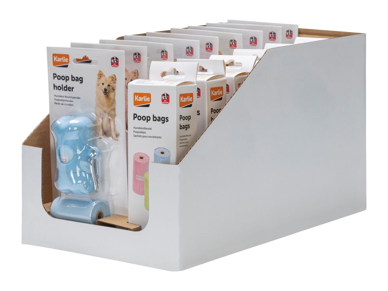 Karlie Poop Bag holder and refill packs in a display box.
