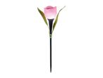 A pink tulip-shaped solar garden light with green leaves and a black stake.