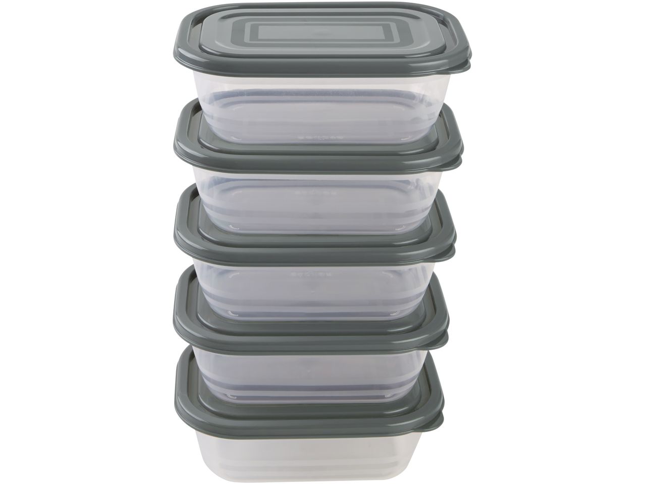 Set di cinque contenitori per alimenti impilabili, trasparenti con coperchi grigi.