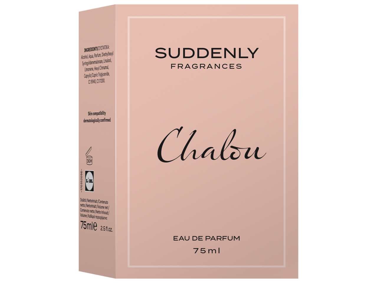 Boîte de parfum rose pâle avec le nom 'SUDDENLY FRAGRANCES Chalou' et 'EAU DE PARFUM 75ml'.