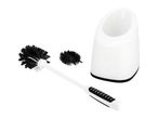 White toilet brush with black bristles and a matching holder, plus a smaller brush.