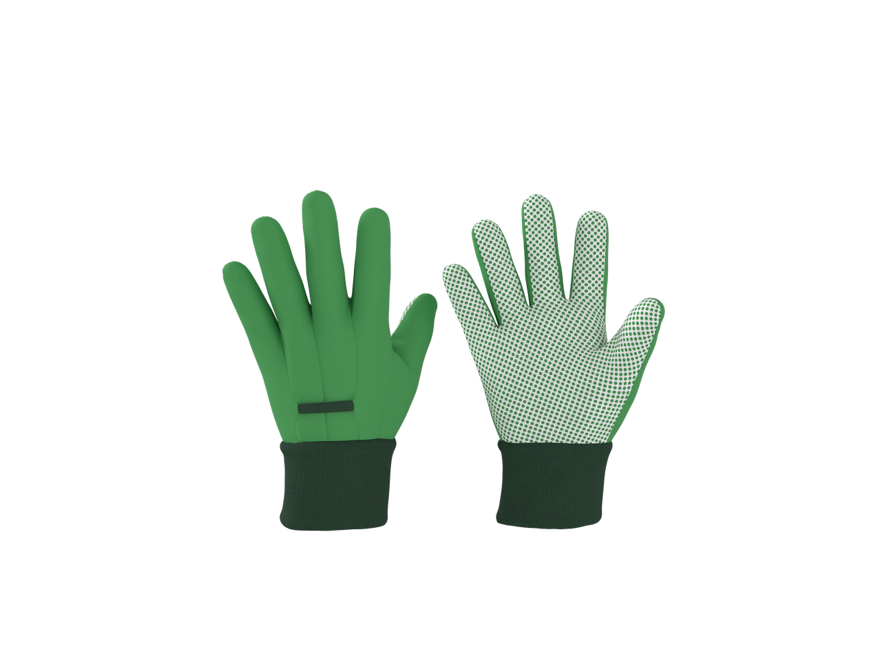 Zaļu dārza cimdu pāris, viens rāda plaukstu ar satveršanas punktiem.