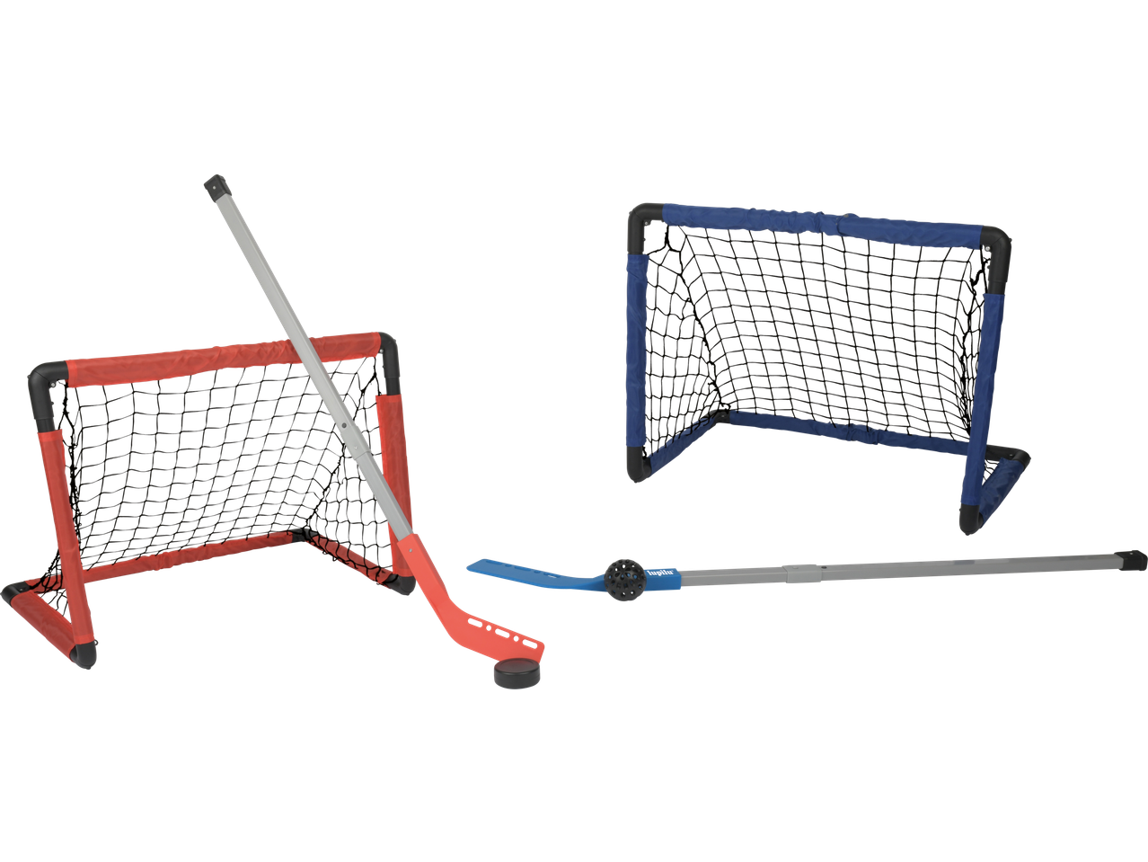 LUPILU hokimängukomplekt kahe väravaga (punane ja sinine), kahe kepi ja litriga.