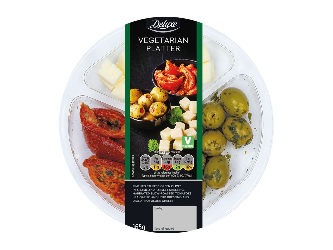 Vegetarian platter with pimento-stuffed green olives, marinated slow-roasted tomatoes, and diced provolone cheese.