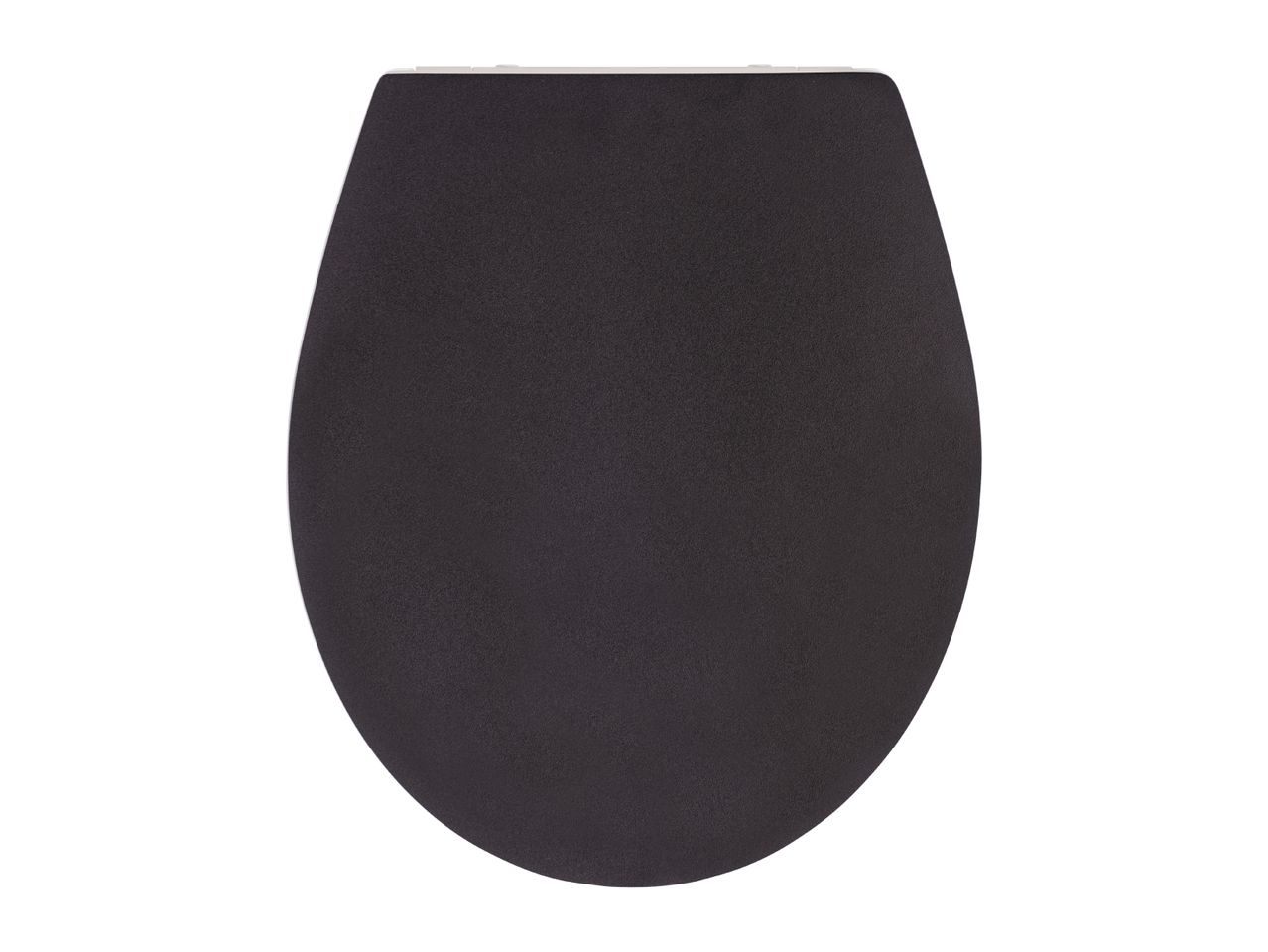 Dark grey toilet seat with a textured finish, viewed from above.