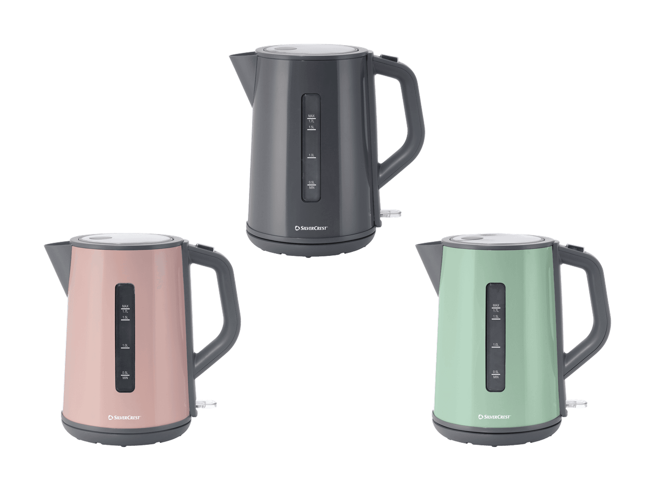 Tre bollitori SilverCrest nei colori grigio, rosa e verde menta.