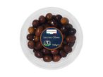 A clear plastic tub of Leccino olives, 150g, with an Italian-themed label.