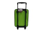 Green children's trolley suitcase with a black extendable handle and wheels.