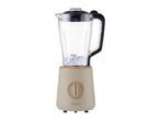 Beige blender with a clear jug containing ice, featuring a wooden-look dial with speed settings.