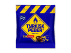 Blå pose med tyrkisk peber slik, gul advarselstrekant med flammer og teksten 'ORIGINAL'.