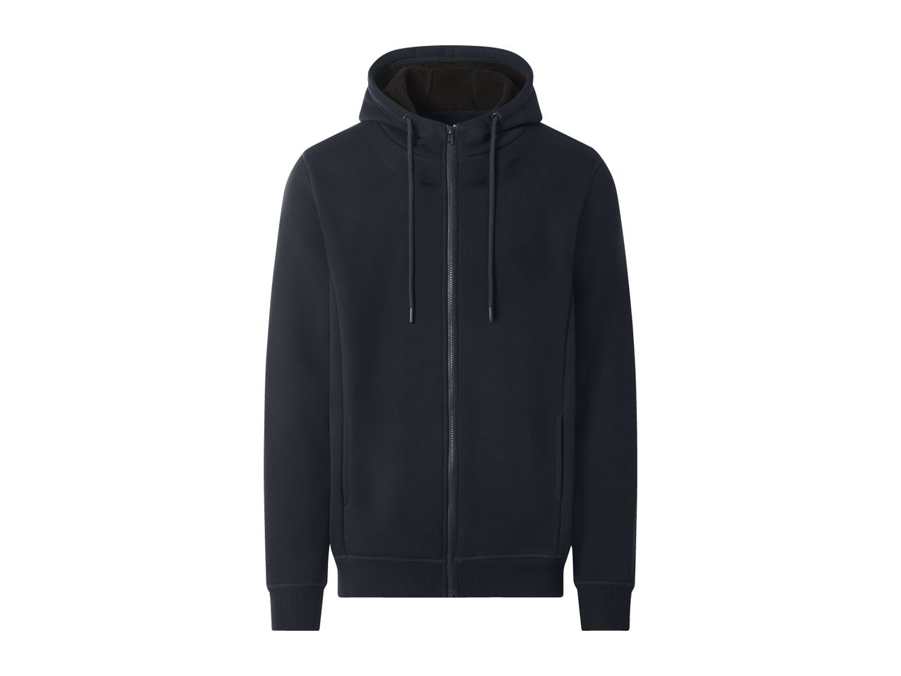 Men's dark blue zip-up hoodie with a fleece-lined hood
