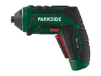 Green and black Parkside cordless screwdriver with red accents.