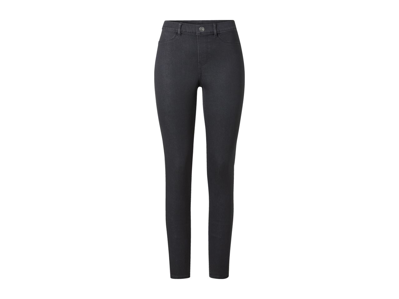 Dark gray skinny jeans with a single button closure