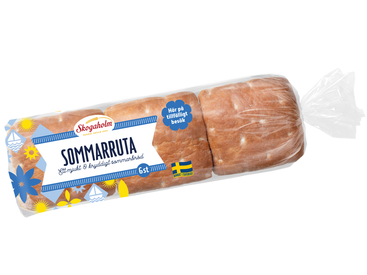 Skogaholm Sommarruta, sex stycken mjuka och kryddiga sommarbröd i plastpåse.