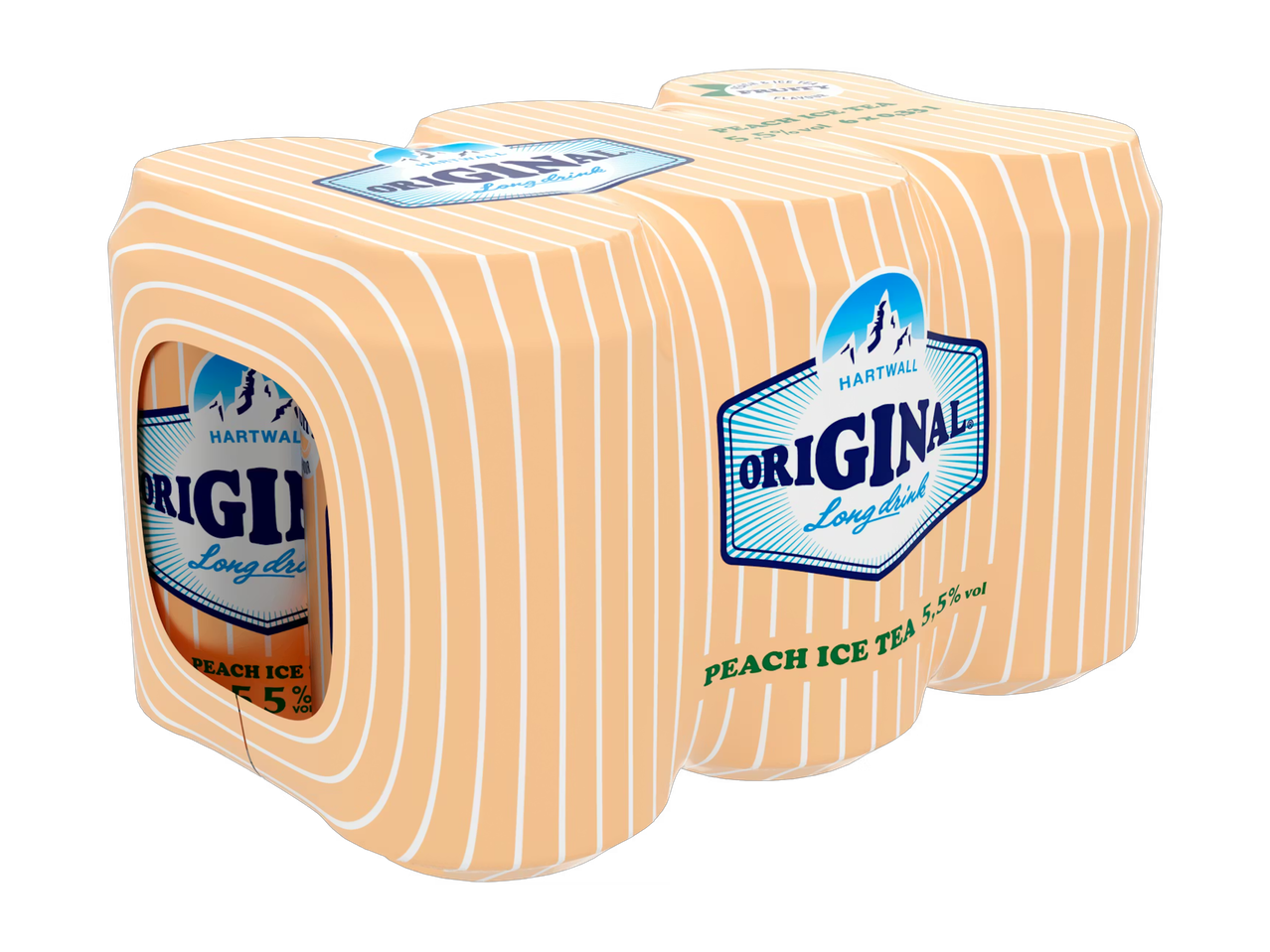 Kuuden pakkauksen persikka-jäätee-juomapakkaus, jossa on 5,5 % alkoholia.