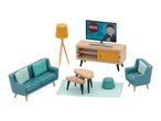 Dollhouse living room furniture set with blue sofa, armchair, TV, and coffee tables.