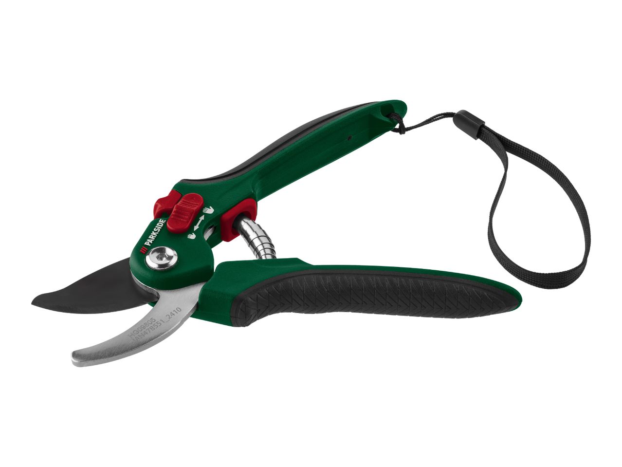 Green and black bypass pruning shears with a wrist strap