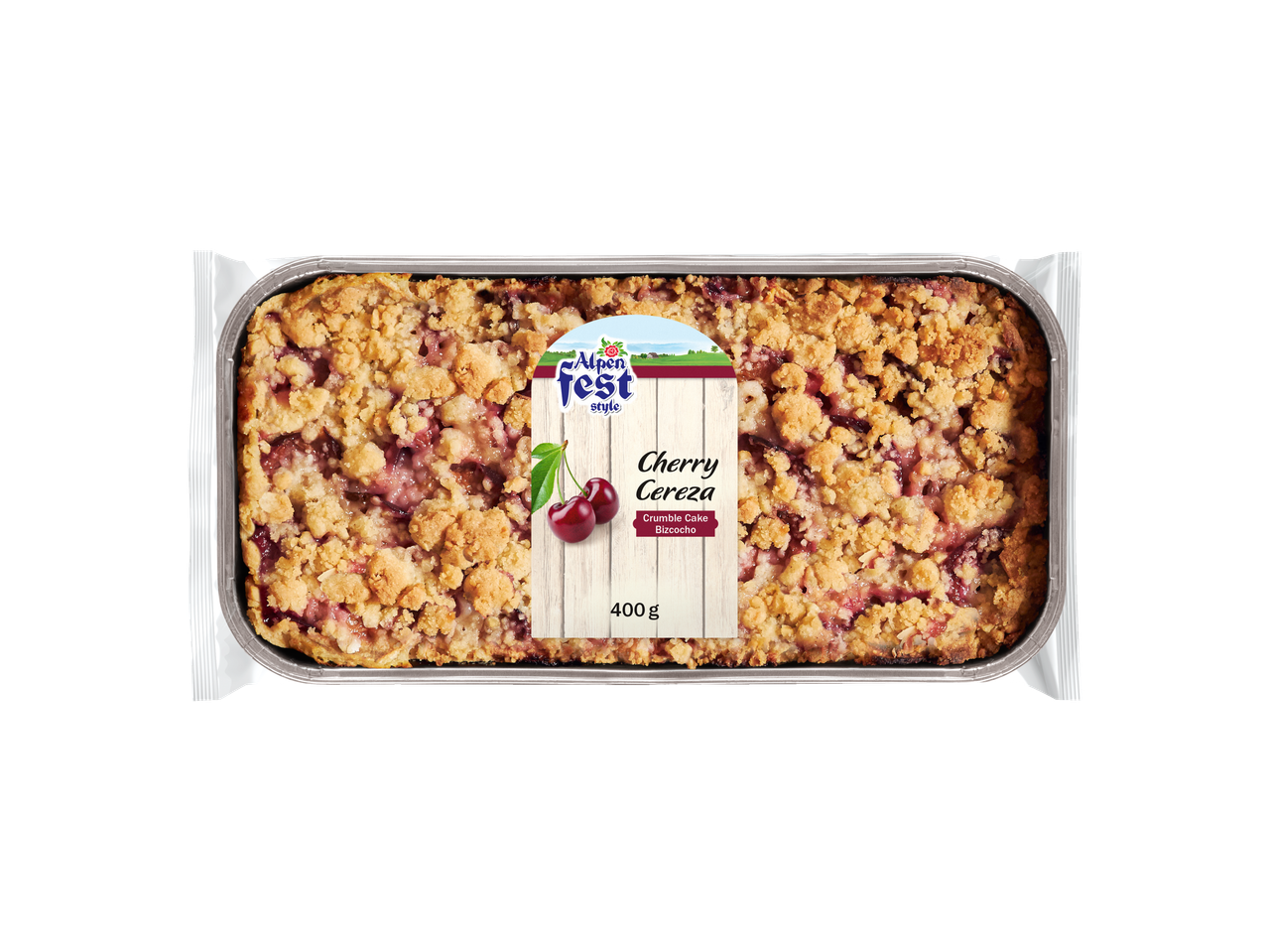 Cherry crumble cake in a foil tray, with a label showing cherries and text 'Cherry Cereza'