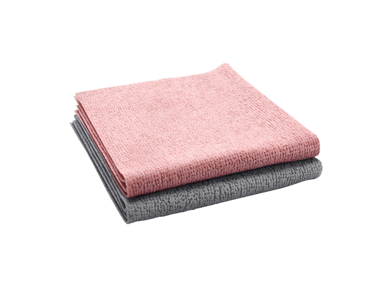 Deux chiffons en microfibre, un rose et un gris, pliés et empilés.