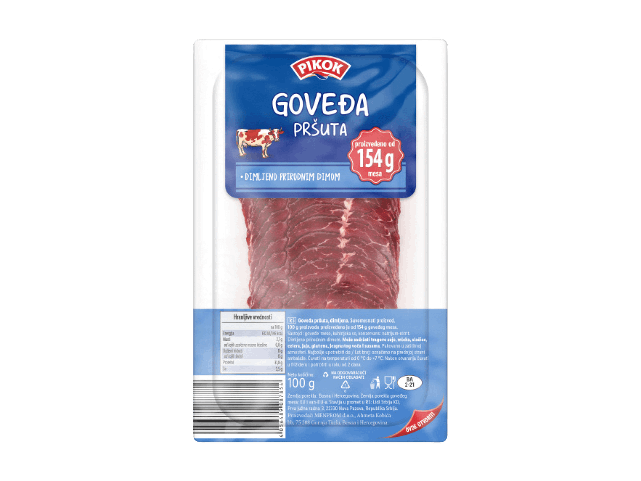 Pakovanje goveđe pršute sa natpisom „dimljeno prirodnim dimom“ i informacijama o proizvodu.