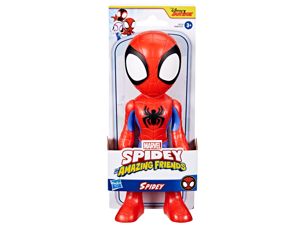 Disney Junior Spidey un viņa apbrīnojamo draugu Spidey darbības figūra iepakojumā.